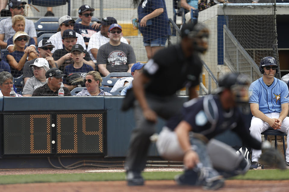 PORT CHARLOTTE, FLORIDA - FEBRUARY 24:  A detail of the new pitch clock during the Grapefruit League spring training game between the Tampa Bay Rays and the New York Yankees at Charlotte Sports Park on February 24, 2019 in Port Charlotte, Florida. (Photo by Michael Reaves/Getty Images)