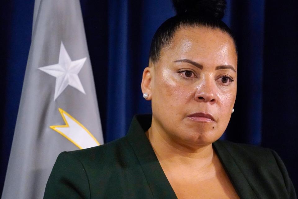 Massachusetts U.S. Attorney Rachael Rollins addresses the media at the Moakley Federal Courthouse, May 24, 2022, in Boston. Rollins will resign after a monthslong ethics investigation by the Justice Department's inspector general into her appearance at a political fundraiser and other potential issues, her attorney said May 16, 2023.