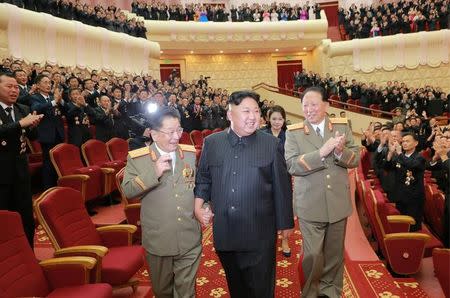 North Korean leader Kim Jong Un reacts during a celebration for nuclear scientists and engineers who contributed to a hydrogen bomb test, in this undated photo released by North Korea's Korean Central News Agency (KCNA) in Pyongyang on September 10, 2017. KCNA via REUTERS