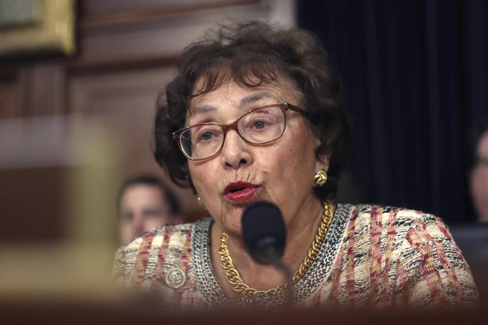 FILE - In this April 9, 2019, file photo, Rep. Nita Lowey, D-N.Y., speaks during a hearing on Capitol Hill in Washington. Democrats controlling the House are proposing a government-wide temporary funding bill to prevent a federal shutdown at month's end and to give the slow-moving Senate time to act on $1.4 trillion worth of spending bills that fill in the details on this summer's bipartisan budget and debt deal. Lowey says the temporary funding bill would likely extend until 