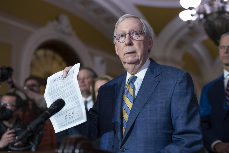 Senate Minority Leader Mitch McConnell, R-Ky., says he agrees with a letter by the Capitol Police chief as he speaks to reporters following a closed-door policy meeting, at the Capitol in Washington, Tuesday, March 7, 2023. McConnell was critical of House Speaker Kevin McCarthy's decision to unleash a trove of Jan. 6 Capitol attack footage to Fox News' Tucker Carlson. The conservative commentator is working to reverse the narrative of the attack that had played out for the world to see into one more favorable to Donald Trump. (AP Photo/J. Scott Applewhite)