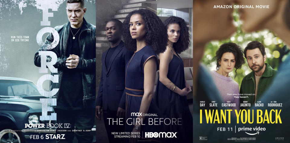 En esta combinación de fotos, el arte promocional de "Power Book IV: Force", una serie que se estrena el 6 de febrero en Starz; "The Girl Before", una serie que debuta el 10 de febrero en HBO Max, y "I want You Back", una película que llega el 11 de febrero a Amazon Prime Video. (Starx/HBO Max/Amazon Prime Video vía AP)