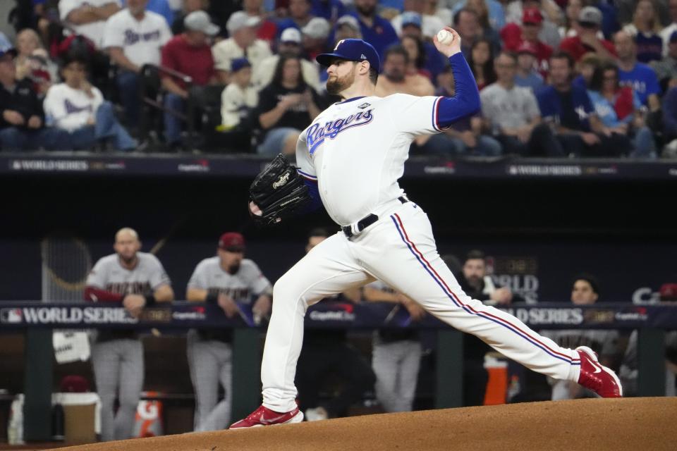 Texas Rangers starting pitcher Jordan Montgomery (52) throws a pitch against the Arizona Diamondbacks during the first inning in game two of the 2023 World Series at Globe Life Field on Oct. 28, 2023, Arlington, Texas.