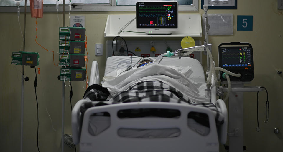 An intubated coronavirus disease (COVID-19) patient is seen at Ronaldo Gazolla Hospital ICU in Acari, Rio de Janeiro, Brazil, on April 30, 2020. (Photo by Andre Borges/NurPhoto via Getty Images)