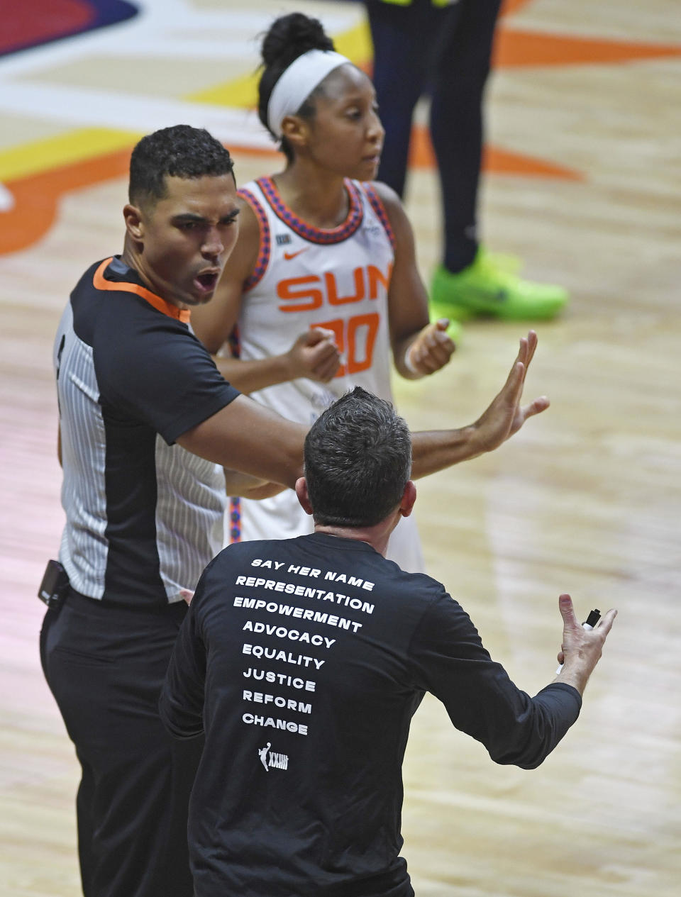 Connecticut Sun head coach Curt Miller argues with official John Conley during play against the Dallas Wing during a WNBA basketball game Tuesday, June 22, 2021 at Mohegan Sun Arena in Uncasville, Conn. (Sean D. Elliot/The Day via AP)