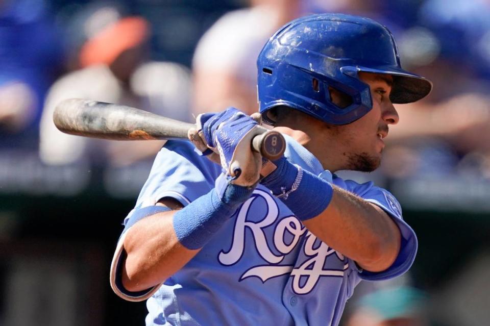 Kansas City Royals’ Nicky Lopez hits an RBI single during the sixth inning of a baseball against the Seattle Mariners game Sunday, Sept. 19, 2021, in Kansas City, Mo. (AP Photo/Charlie Riedel)