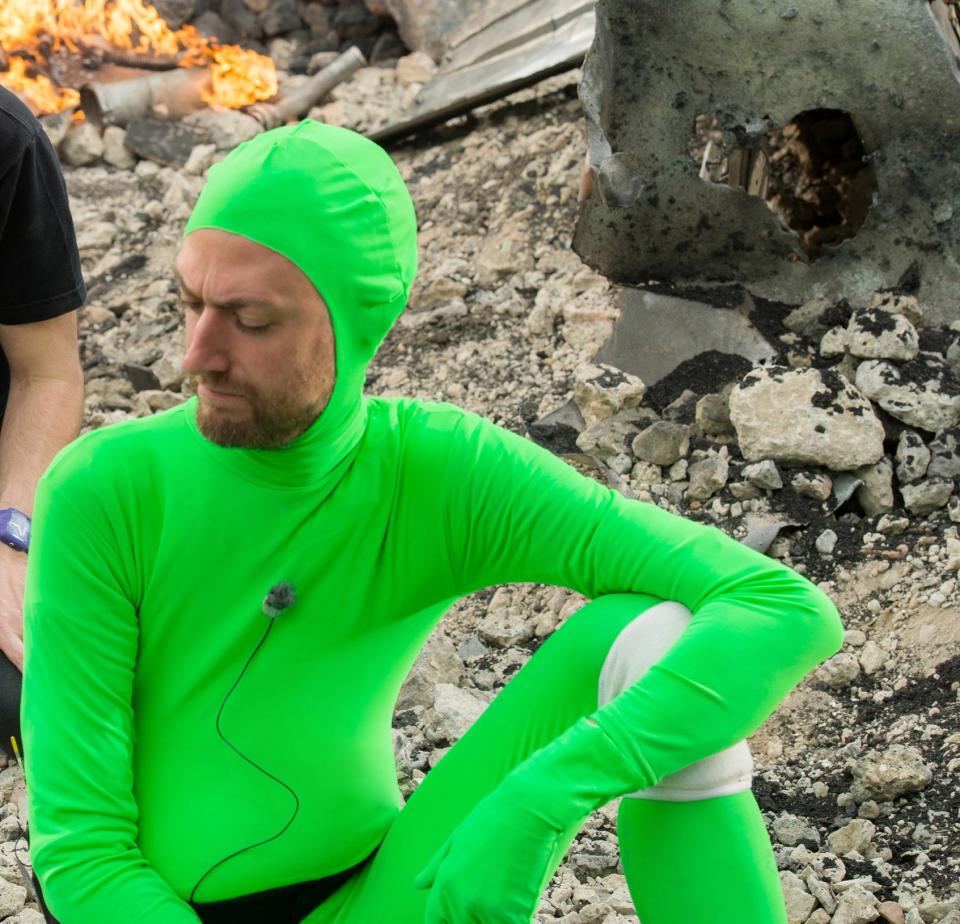 Sean wears a greenscreen suit to be Rocket on set