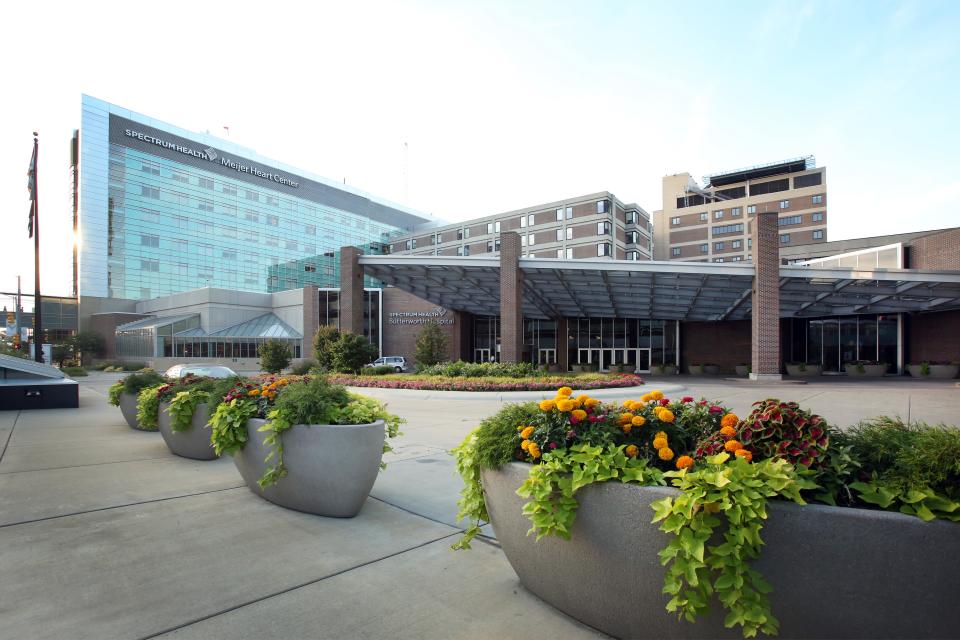 An exterior view of Spectrum Health Butterworth Hospital in Grand Rapids.