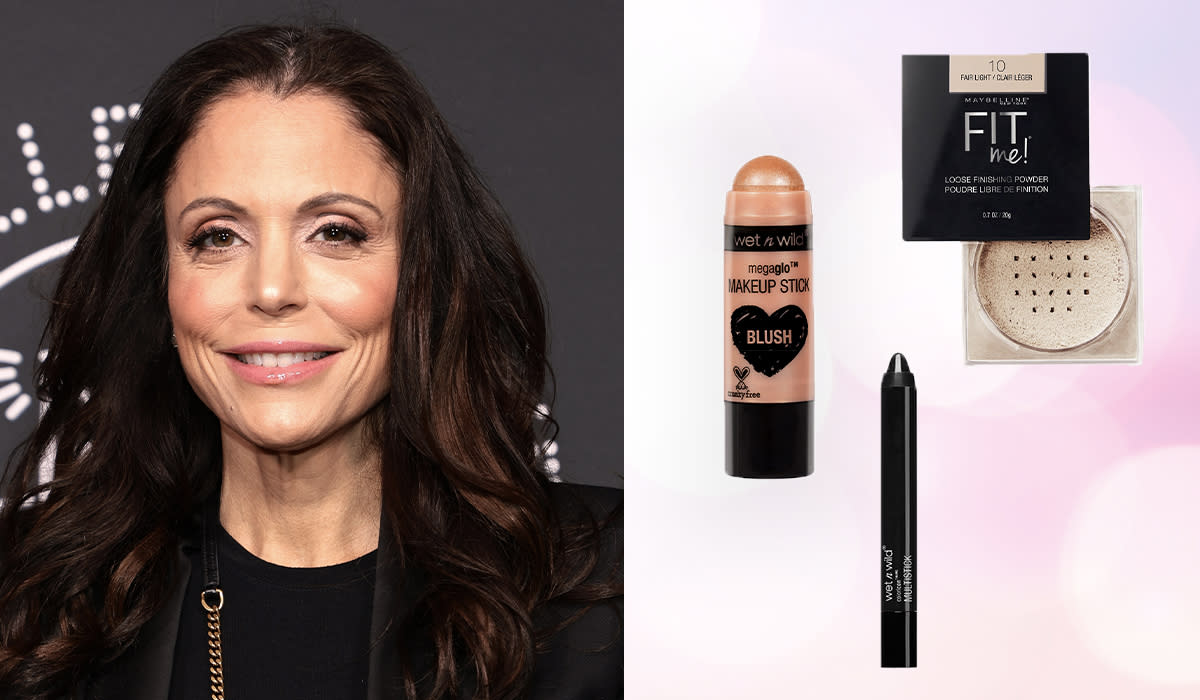 Left: Bethenny Frankel ; Right: Wet n Wild blush stick, eye pencil, and Maybelline Fit Me Powder