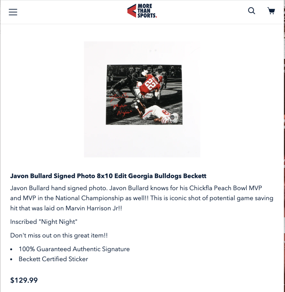 "More Than Sports," a Georgia-based memorabilia company, is selling a signed photo of Georgia safety Javon Bullard's hit against Marvin Harrison Jr. in the Peach Bowl with the inscription "Night Night."