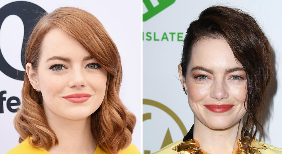 <p>Emma Stone dyed her trademark ginger locks an auburn shade. The ‘La La Land’ actress debuted her new look at the 30th Annual Producers Guild Awards in Beverly Hills. <em>[Photo: Getty]</em> </p>