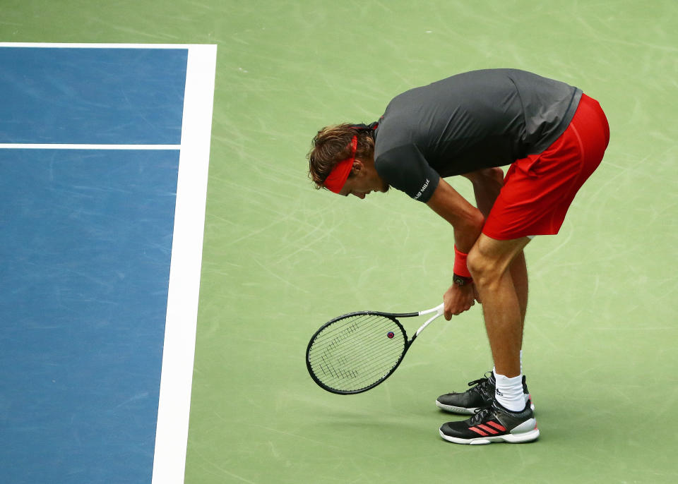 Alexander Zverev, of Germany, reacts against Philipp Kohlschreiber, of Germany, during the third round of the U.S. Open tennis tournament, Saturday, Sept. 1, 2018, in New York. (AP Photo/Andres Kudacki)