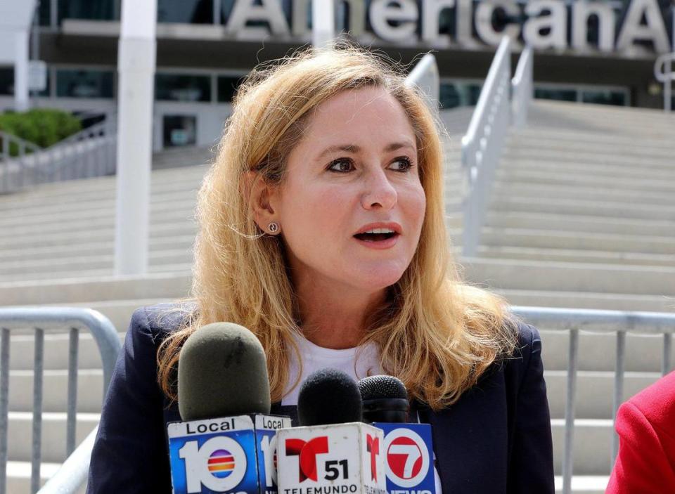 Congresswoman Debbie Mucarsel-Powell speaks during a press conference outside of the American Airlines Arena on “Miami-Dade County Mayor Carlos Gimenez’s clear power grab over elections oversight” on Saturday, September 5, 2020