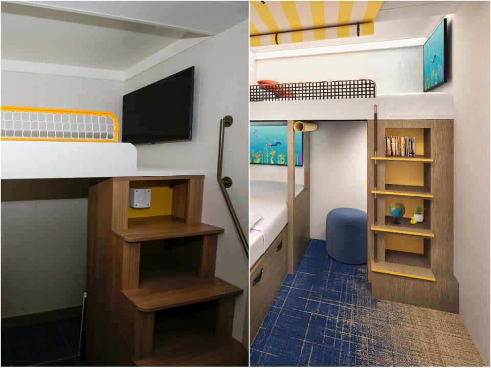 A collage of the rendering of the family infinite ocean view balcony stateroom with the incomplete under construction version.