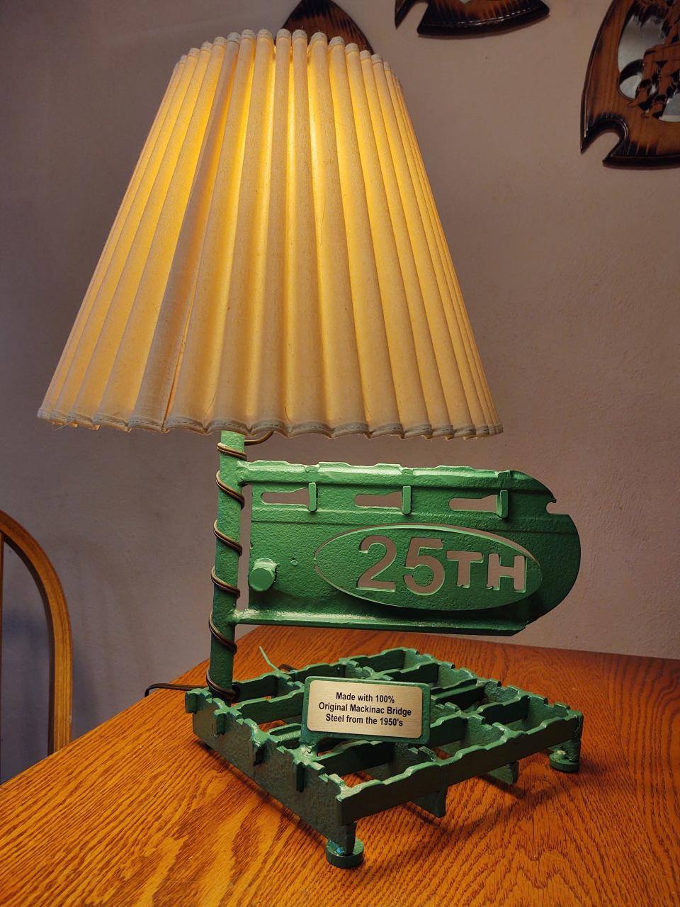 A lamp Brendan Fisher made with steel from the Mackinac Bridge deck grating he purchased through auction.