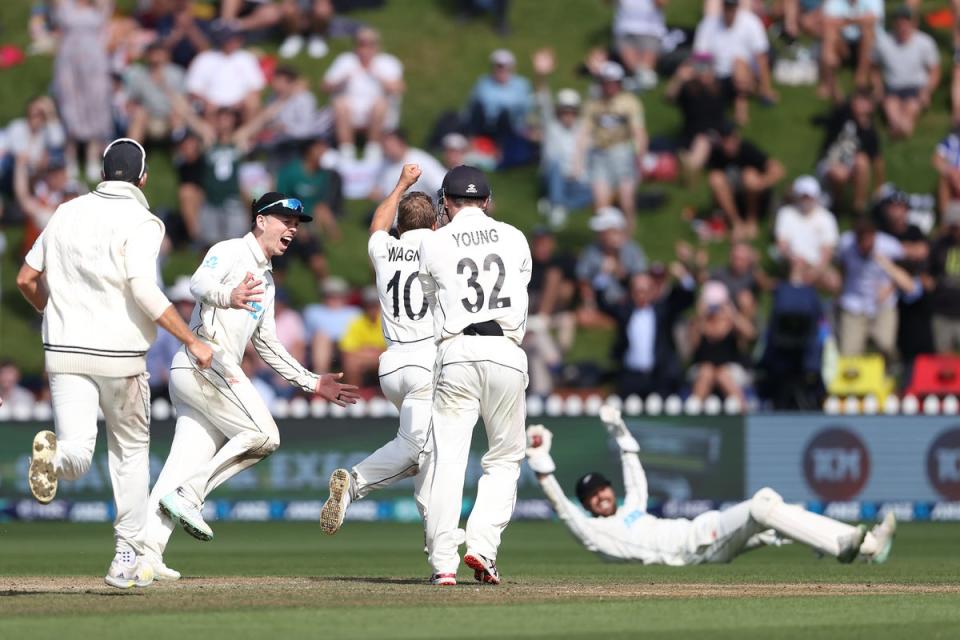 New Zealand celebrate claiming the final wicket of James Anderson (Getty Images)