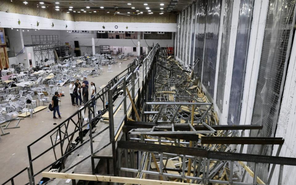 A view inside a synagogue where a grandstand collapsed during a religious celebration in Givat Zeev - Reuters