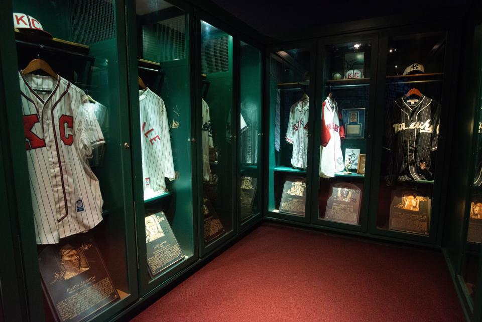 Jerseys rest in cases similar to locker rooms within the museum.