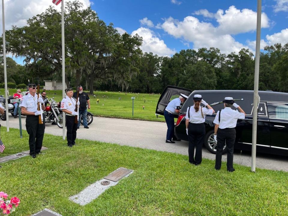 This was the scene on June 1 during special ceremonies held for Robert Joseph Hamill Sr., 80, and Charles Sumner Wesley II, 72, two veterans whose bodies went unclaimed. The ceremonies were held at Forest Lawn Memory Gardens in Ocala.
