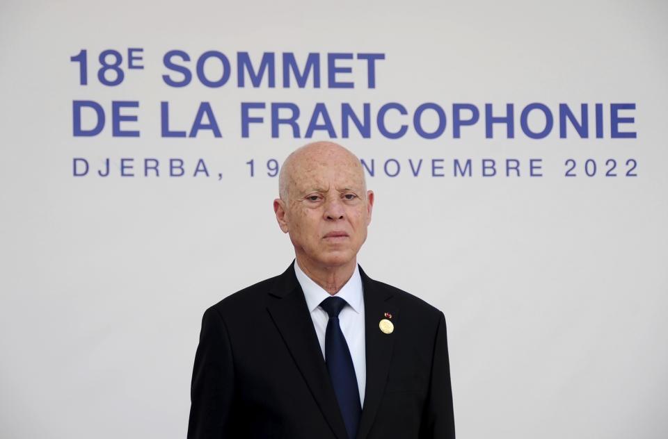 Tunisian President Kais Saied receives participants during the opening ceremony of the 18th Francophone Summit, in Djerba, Tunisia, Saturday, Nov. 19, 2022. (AP Photo/Hassene Dridi)