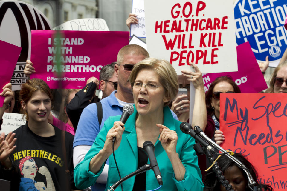 Sen. Elizabeth Warren (D-Mass.) speaks during a demonstrator on Capitol Hill in Washington, Thursday, May 4, 2017. ( AP Photo/Jose Luis Magana)