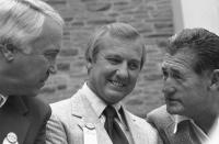 FILE - In this Aug. 3, 1980, file photo, Al Ksaline, center, talks with Duke Snider, left, and Ted Williams before induction ceremonies at the Basebasll Hall of Fame in Cooperstown, N.Y. Al Kaline, who spent his entire 22-season Hall of Fame career with the Detroit Tigers and was known affectionately as “Mr. Tiger,” has died. He was 85. John Morad, a friend of Kaline's, confirmed to The Associated Press that he died Monday, April 6, 2020, at his home in Michigan. (AP Photo/Paul Burnett, File)