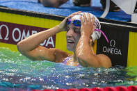 Regan Smith reacts after winning the women's 200-meter backstroke event at the U.S. national championships swimming meet in Indianapolis, Wednesday, June 28, 2023. (AP Photo/Michael Conroy)
