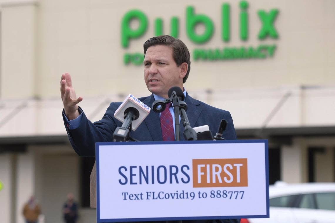 Florida Gov. Ron DeSantis speaks at a press conference at a Publix Super Market in Ponte Vedra Beach, Florida, Wednesday, Jan. 13, 2021. DeSantis announced the expansion of the use of Publix pharmacies as COVID-19 vaccination sites to 56 new stores in St. Johns, Flagler, Volusia and Collier counties.