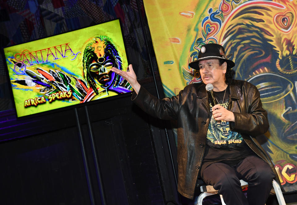 LAS VEGAS, NEVADA - MAY 14:  Recording artist Carlos Santana speaks during a listening event for his upcoming album 