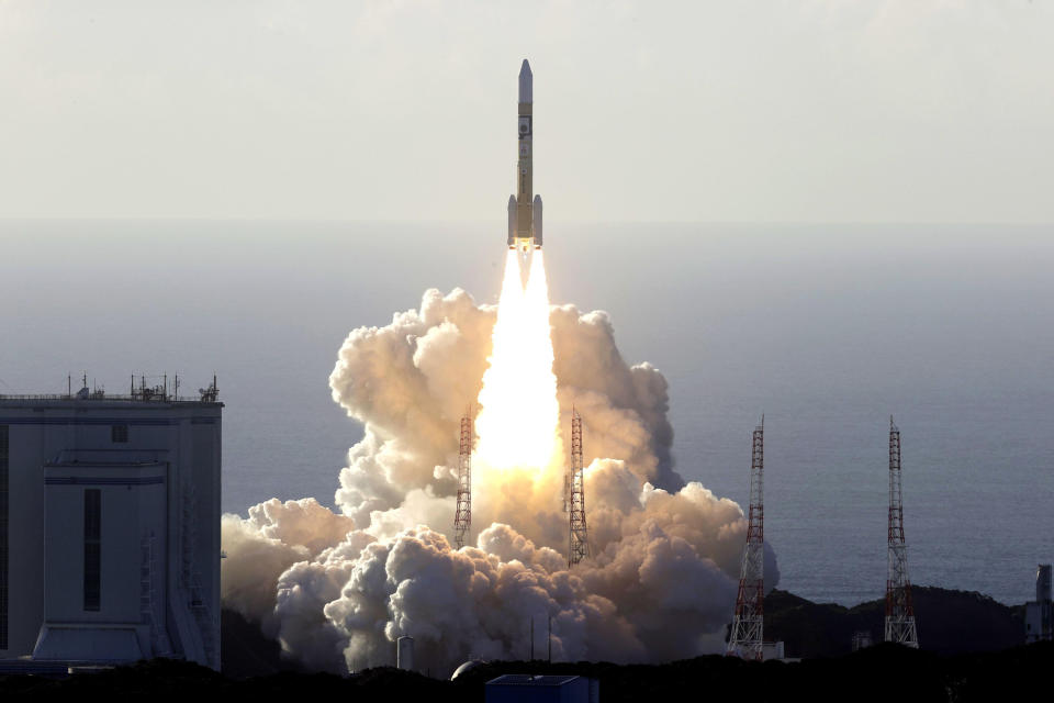 An H-IIA rocket with United Arab Emirates' Mars orbiter Hope lifts off from Tanegashima Space Center in Kagoshima, southern Japan Monday, July 20, 2020. A United Arab Emirates spacecraft rocketed away Monday on a seven-month journey to Mars, kicking off the Arab world’s first interplanetary mission. (Hiroki Yamauchi/Kyodo News via AP)