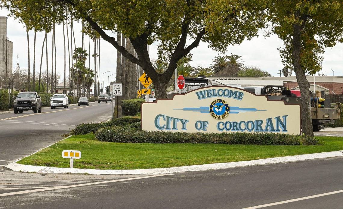 A sign welcomes visitors to the city of Corcoran on Thursday, March 23, 2023.