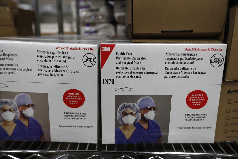 Medical supplies sit on a shelf at the TCF Center, Monday, April 6, 2020, in Detroit. The White House said Monday, April 6, that some states are requesting far more medical supplies than they need to fight the coronavirus pandemic, pushing back against criticism that the distribution of vital equipment has been chaotic. (AP Photo/Carlos Osorio)