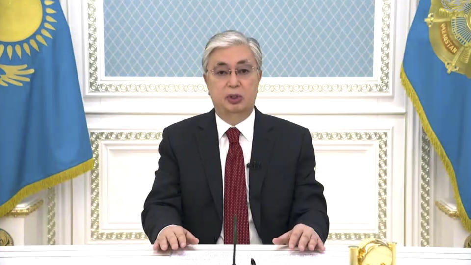 In this image made from UNTV video, Kassym-Jomart Tokayev, President of Kazakhstan, speaks in a pre-recorded message which was played during the 75th session of the United Nations General Assembly, Wednesday, Sept. 23, 2020, at UN headquarters. (UNTV via AP)