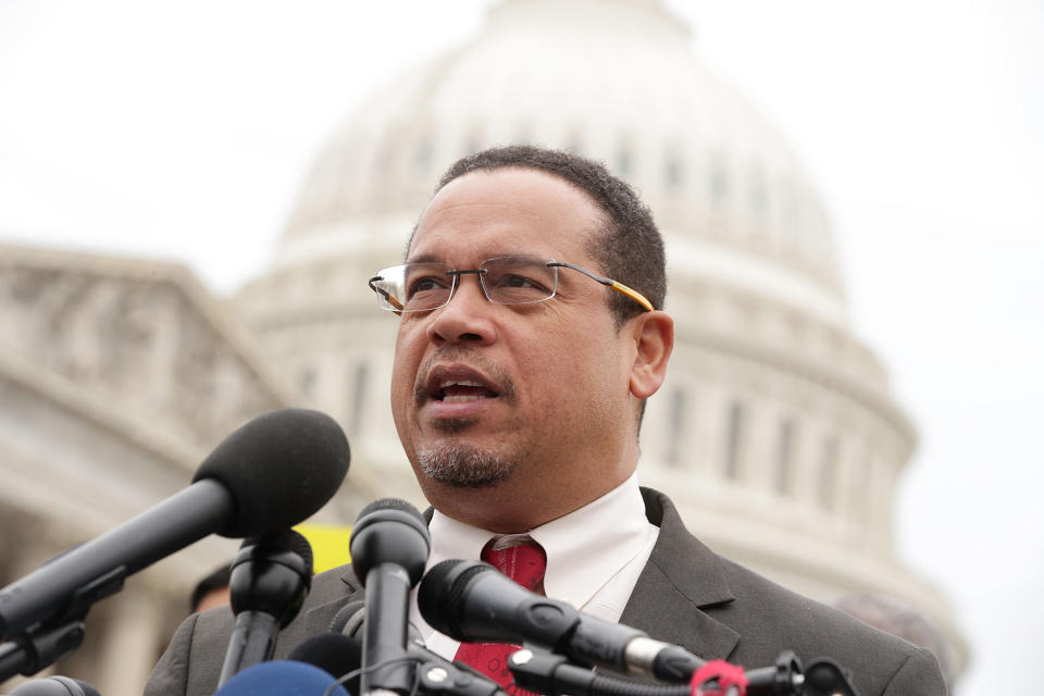 Keith Ellison speaks out against Trump's travel ban in Washington, D.C., in February. (Photo: Alex Wong via Getty Images)