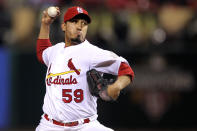 ST LOUIS, MO - OCTOBER 27: Fernando Salas #59 of the St. Louis Cardinals pitches in the fourth inning during Game Six of the MLB World Series against the Texas Rangers at Busch Stadium on October 27, 2011 in St Louis, Missouri. (Photo by Ezra Shaw/Getty Images)