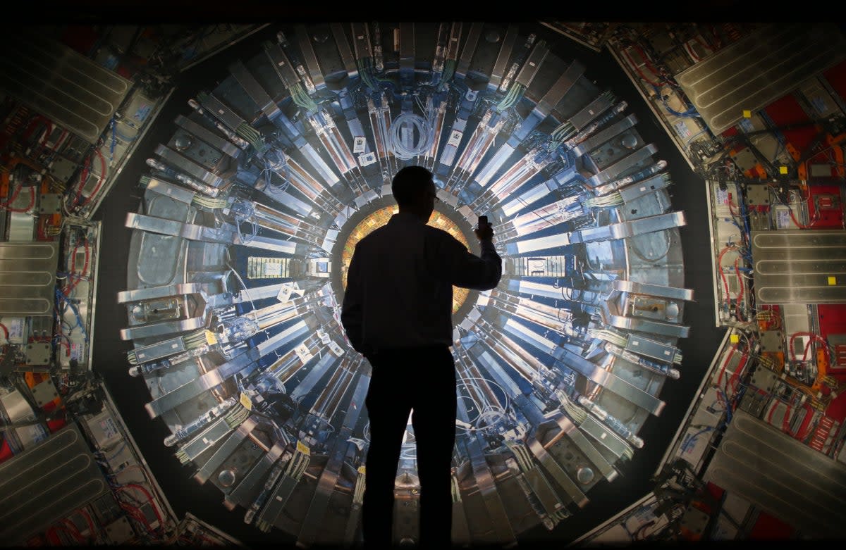 A visitor takes a photograph of a large image of the Large Hadron Collider at the London Science Museum (Getty)