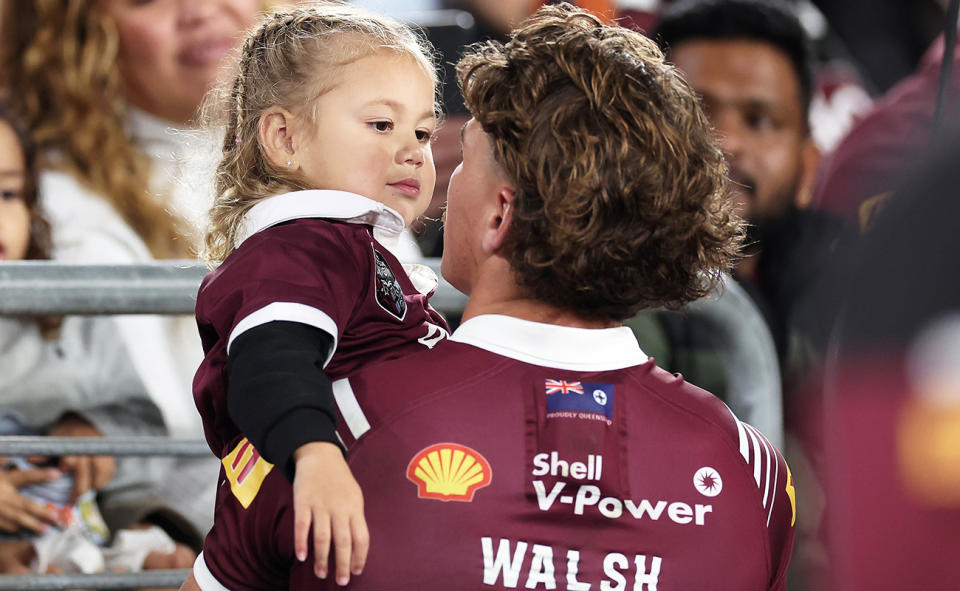 Reece Walsh, pictured here with daughter Leila after State of Origin 1.