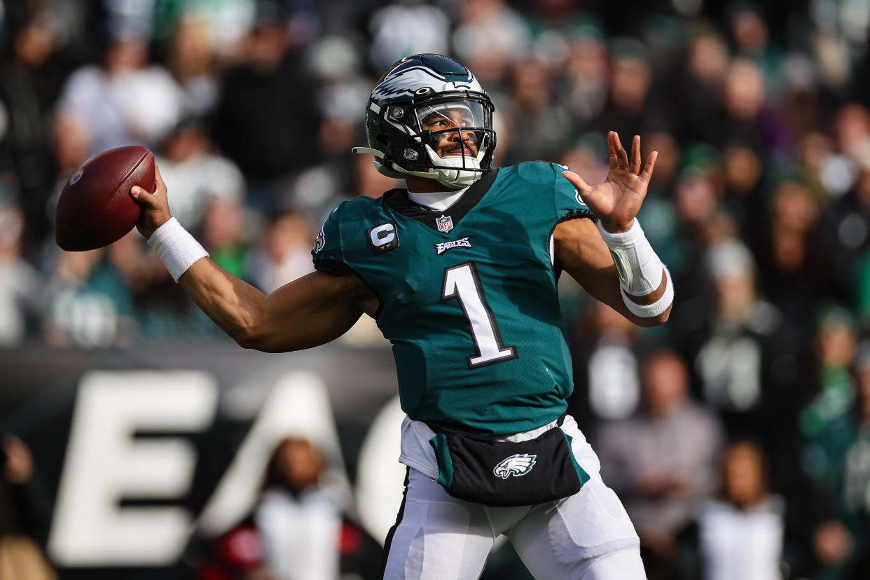 PHILADELPHIA, PA - DECEMBER 04: Jalen Hurts #1 of the Philadelphia Eagles attempts a pass during the first half of the game against the Tennessee Titans at Lincoln Financial Field on December 4, 2022 in Philadelphia, Pennsylvania. (Photo by Scott Taetsch/Getty Images)