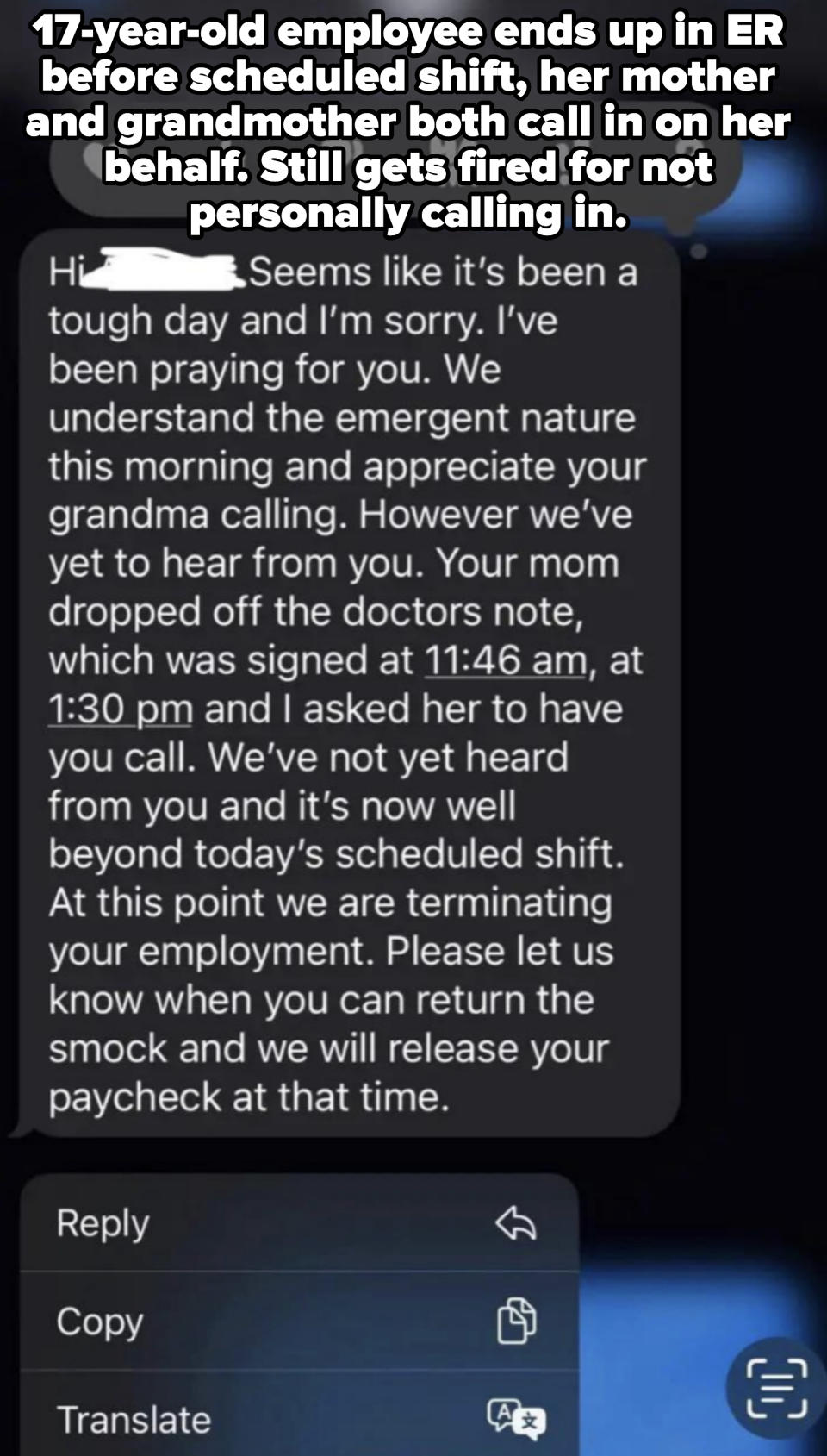 Phone screen text message starting: "Hi [Name] Seems like it's been a tough day and I'm sorry." Notification about employment termination due to non-response