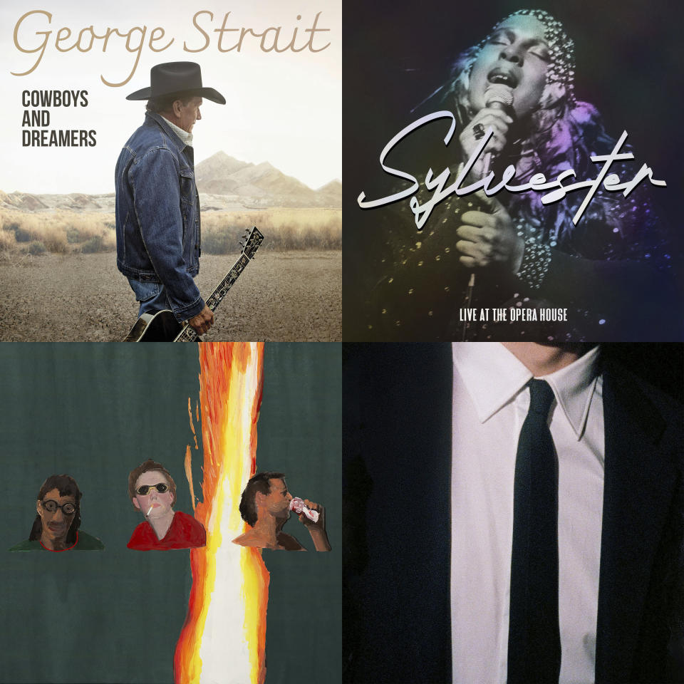 This combination of album cover images shows, clockwise from top left, "Cowboys and Dreamers" by George Strait, “Live At The Opera House” by Sylvester, “What’s Wrong With New York?” by The Dare, and "Morning Fireworks" by MJ Lenderman. (MCA Nashville/Craft Recordings-Concord/Republic Records/ANTI- via AP)