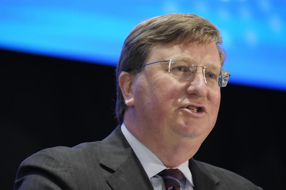 Republican Mississippi Gov. Tate Reeves, who seeks reelection, addresses a group of business leaders at the 2023 Hobnob, a business forum sponsored by the Mississippi Economic Council, in Jackson, Miss., Thursday, Oct. 26, 2023. (AP Photo/Rogelio V. Solis)