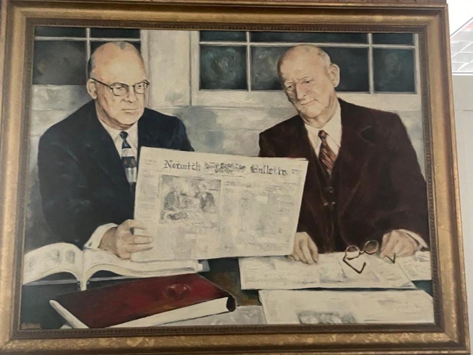 A painting of Norwich Bulletin executives from when the paper was owned by the Oat and Noyes families.