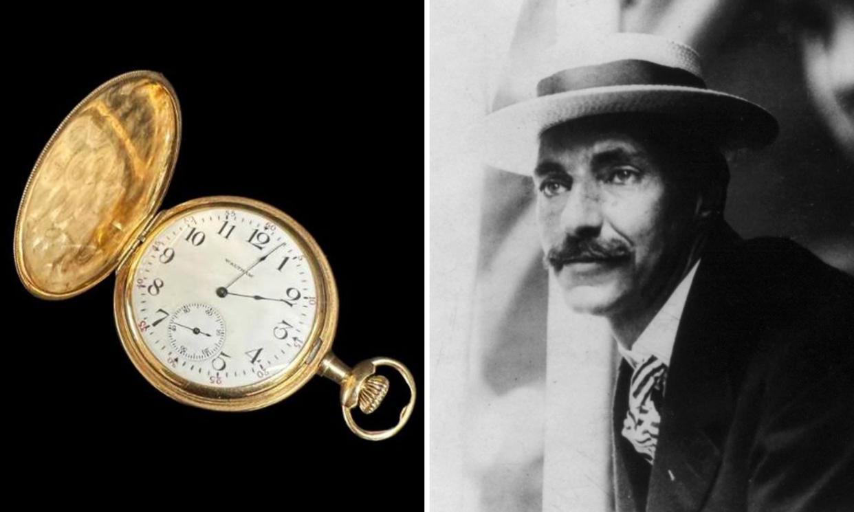 <span>A composite of John Jacob Astor, pictured with his 14-carat gold Waltham pocket watch, engraved ‘JJA’.</span><span>Composite: Henry Aldridge & Son/Alamy</span>