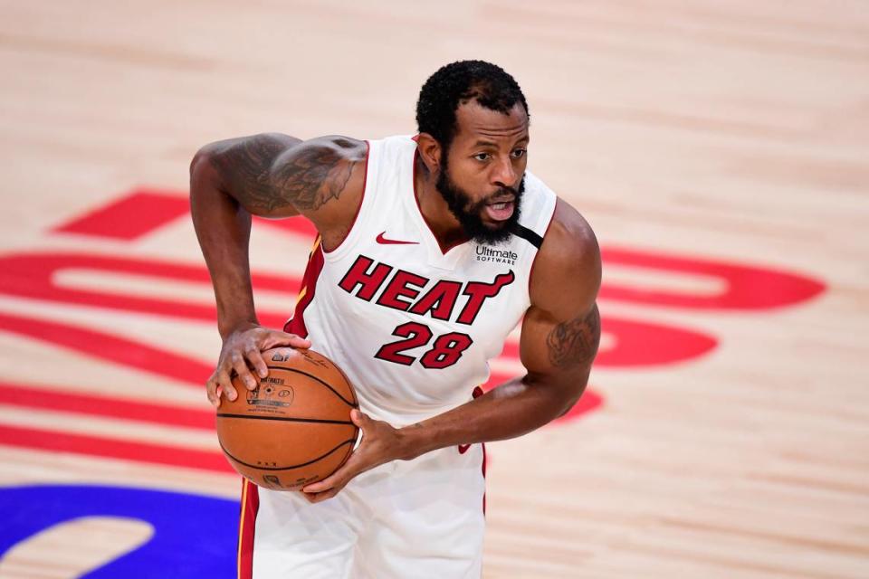 Andre Iguodala #28 of the Miami Heat handles the ball during the first half against the Los Angeles Lakers in Game 2 of the 2020 NBA Finals at AdventHealth Arena at ESPN Wide World Of Sports Complex on Oct. 2, 2020 in Lake Buena Vista.