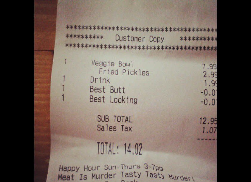 One woman was surprised to find that along with her veggie bowl, she received a <a href="http://www.huffingtonpost.com/2012/08/21/best-butt-discount-customer-receipt_n_1819442.html" target="_hplink">discount for having the 'best butt'</a> and being the 'best looking' person in the fast food joint. 