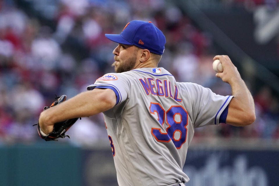 New York Mets starting pitcher Tylor Megill throws to the plate during the first inning of a baseball game against the Los Angeles Angels Friday, June 10, 2022, in Anaheim, Calif. (AP Photo/Mark J. Terrill)