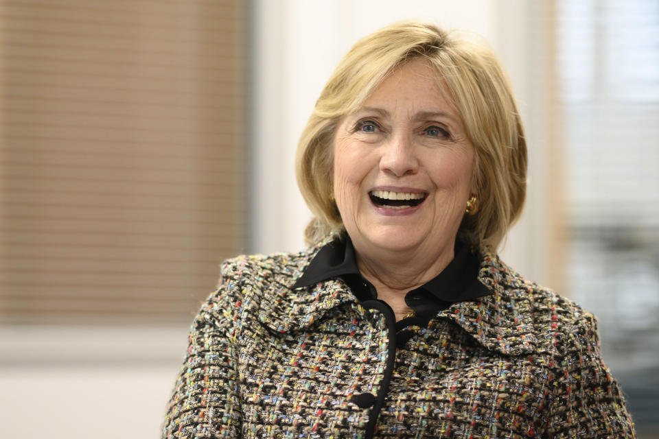 SWANSEA, WALES - NOVEMBER 14: Hillary Clinton, Former First Lady and U.S. Secretary of State, visits Swansea University on November 14, 2019 in Swansea, Wales. Hillary Rodham Clinton visited Swansea University to lead a seminar with the first recipients of the Hillary Rodham Clinton Global Challenges Scholarship. The scholarship programme, launched earlier this year, will see five individuals granted a one-year scholarship to study at Swansea University's Hillary Rodham Clinton School of Law. (Photo by Matthew Horwood/Getty Images)