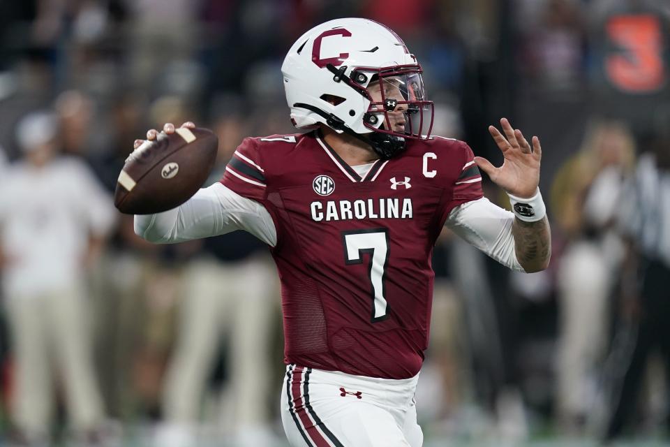 South Carolina quarterback Spencer Rattler looks to throw the ball during the first half of an NCAA college football game against North Carolina, Saturday, Sept. 2, 2023, in Charlotte, N.C. (AP Photo/Erik Verduzco)