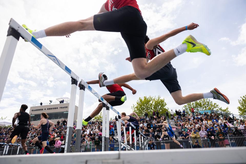 High school athletes compete during the BYU Track Invitational at the Clarence F. Robison Outdoor Track & Field in Provo on May 6, 2023. | Ryan Sun, Deseret News