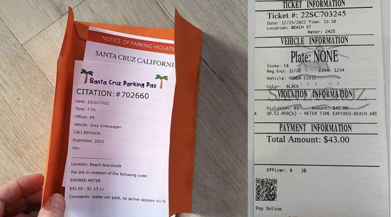 fake parking ticket on the right in an orange envelope. A real parking ticket on the right. 